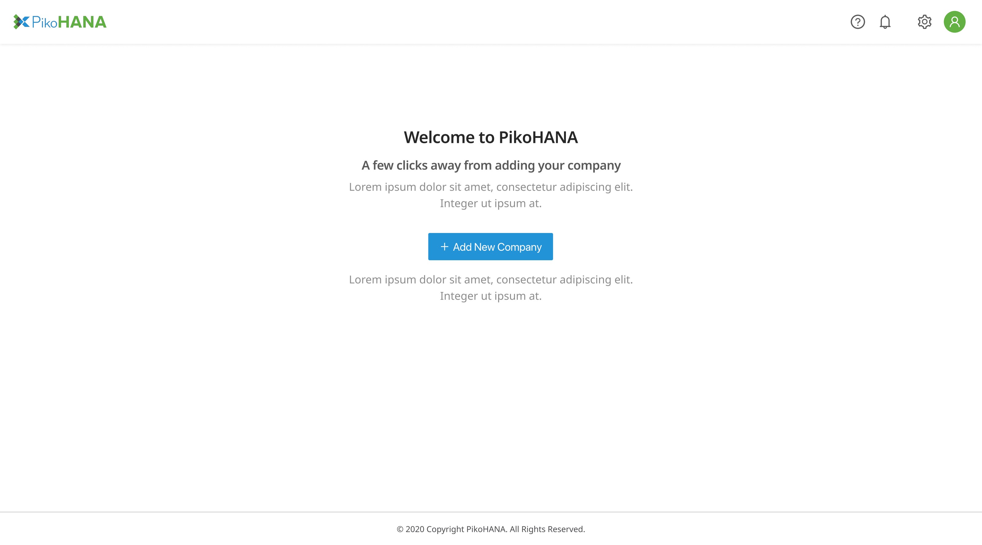 PikoHANA welcome screen prompting the AO to add a new company