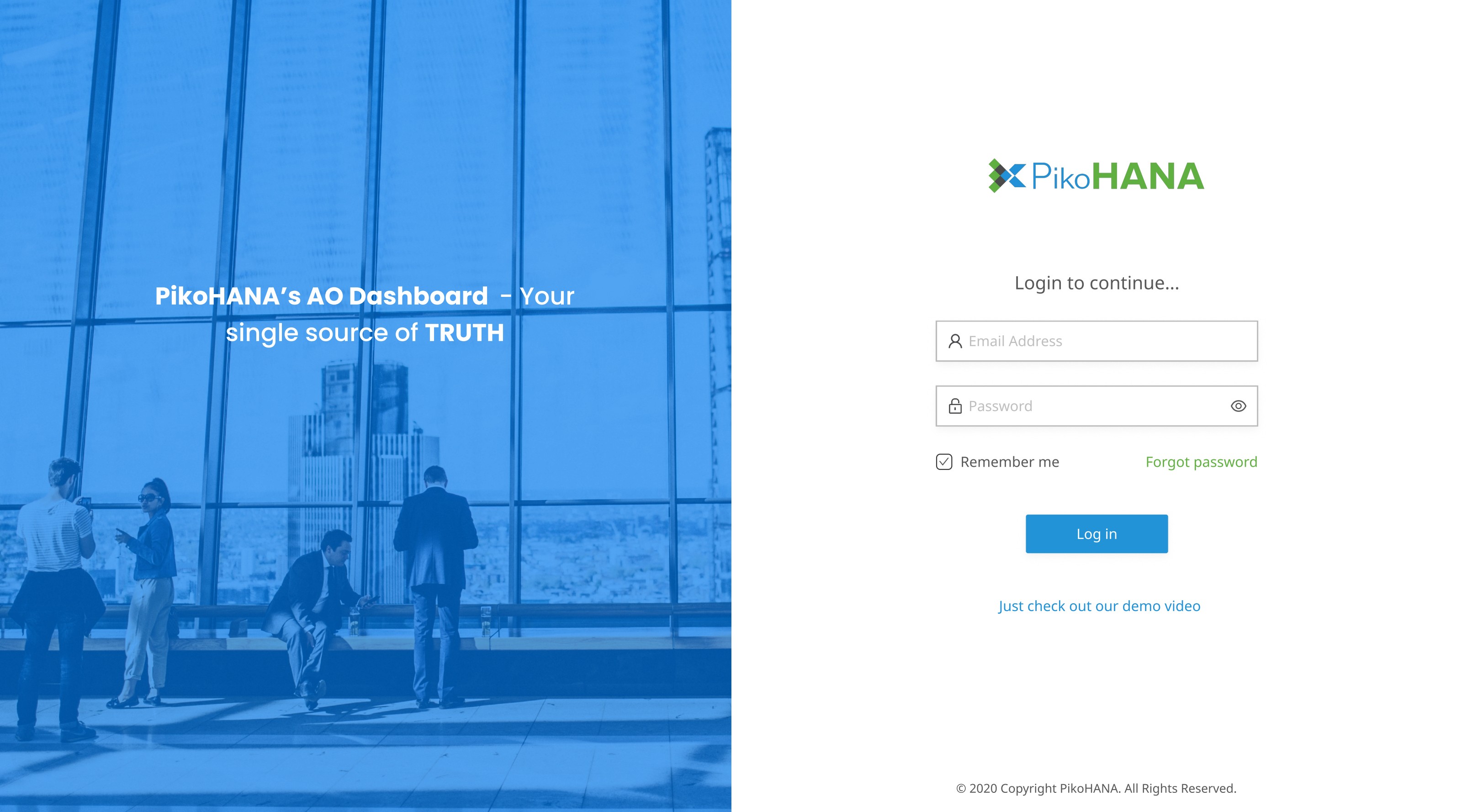 PikoHANA AO dashboard login screen