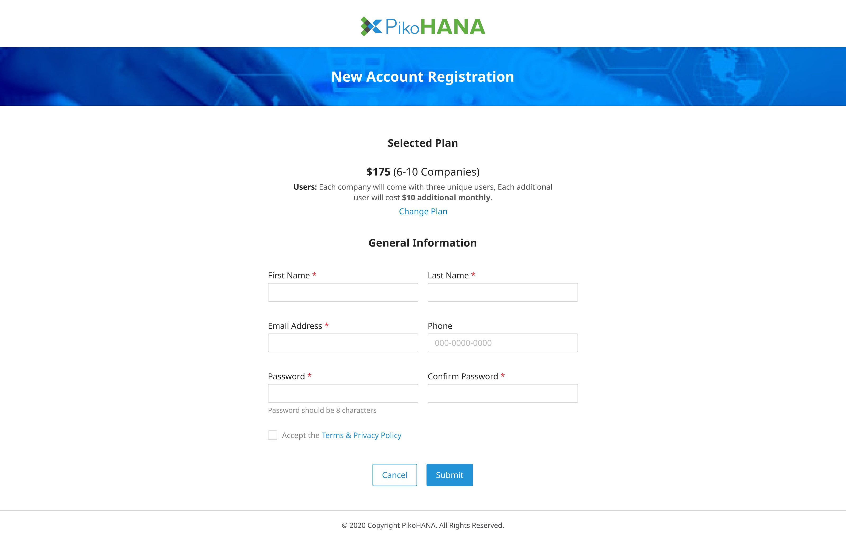PikoHANA registration with plan selection embedded