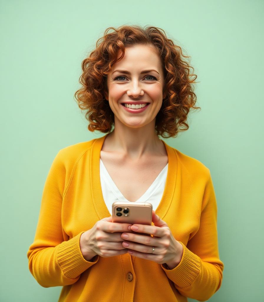 Maria, 47 — primary persona, holding her iPhone in a yellow cardigan