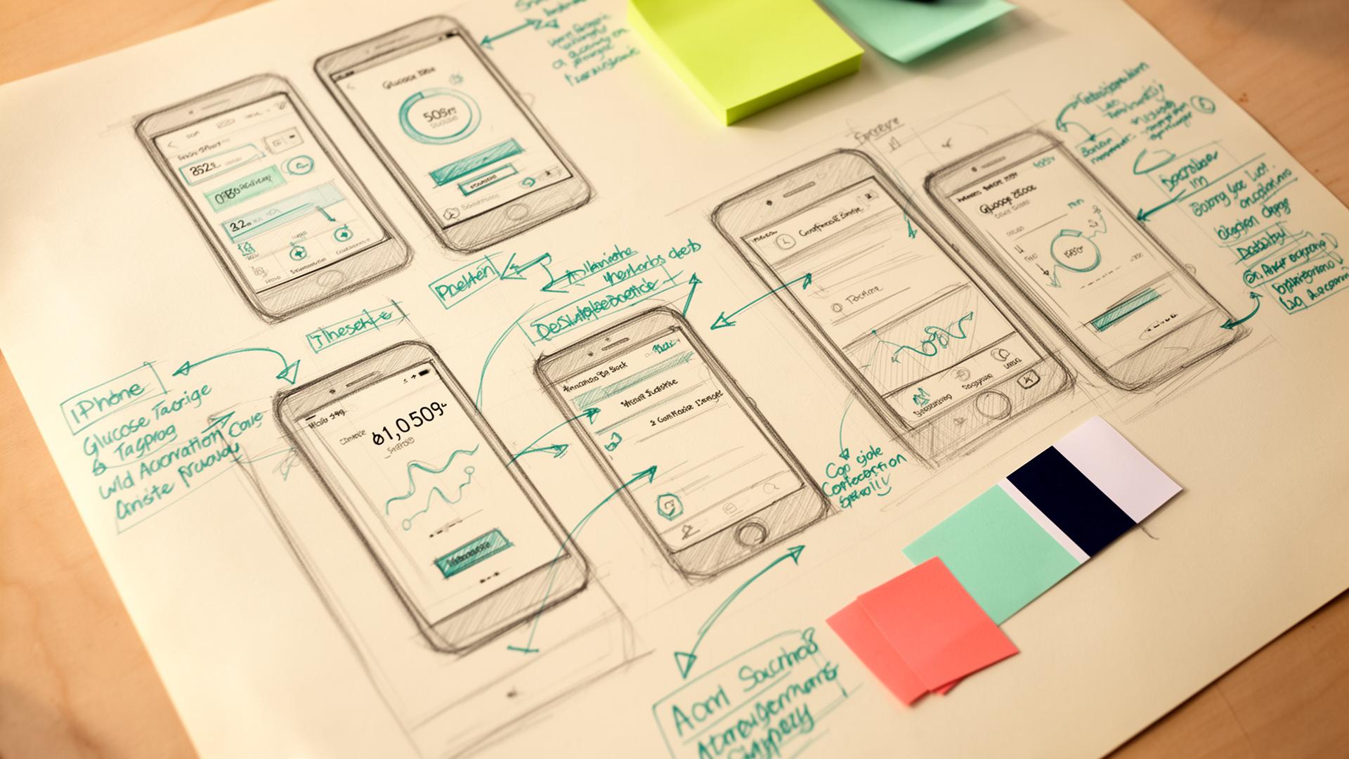 Hand-sketched wireframes of glucose tracking screens with annotations